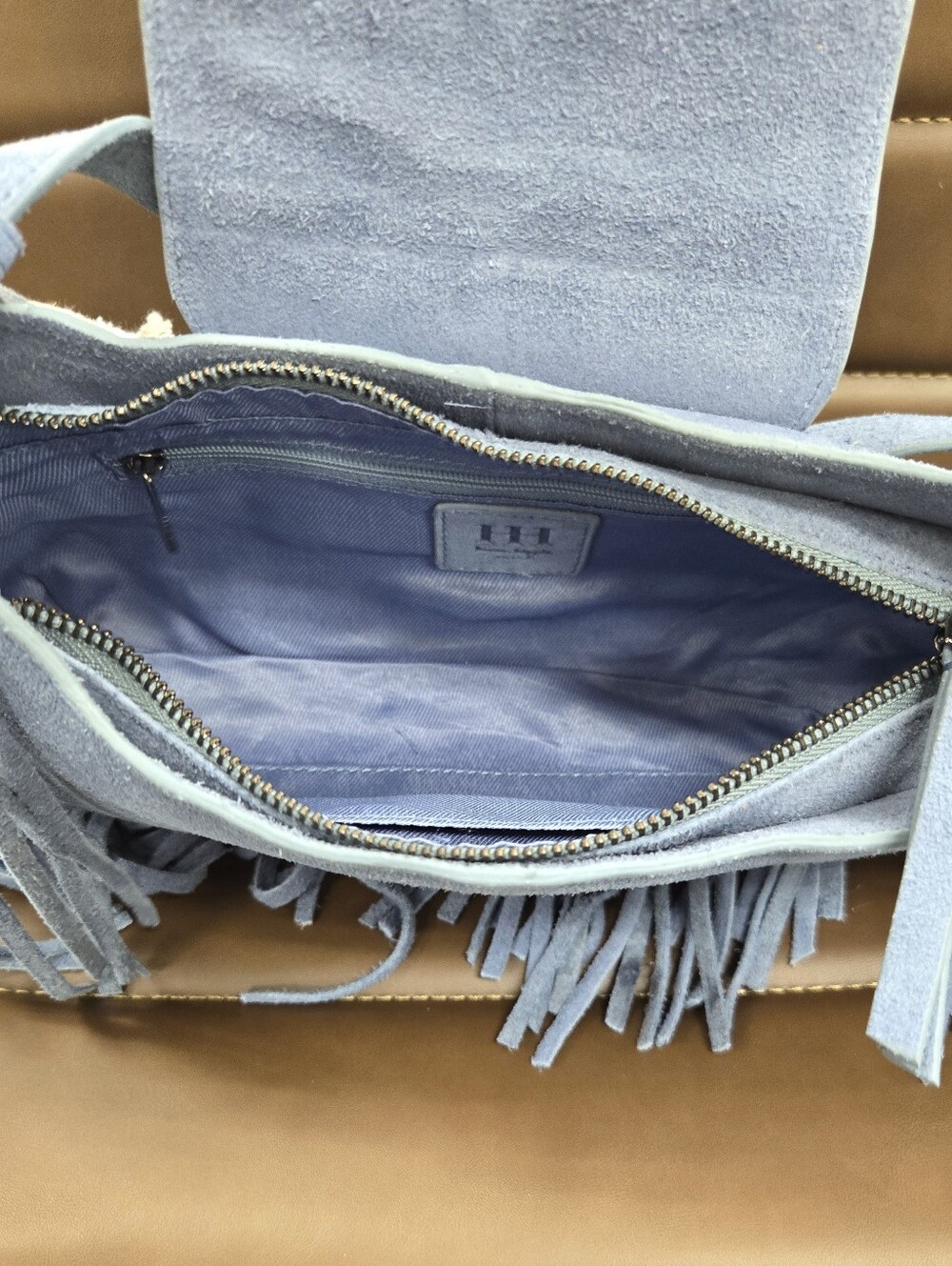 Haute Hippie Blue Suede Fringe Shoulder Handbag - Picture 5 of 6
